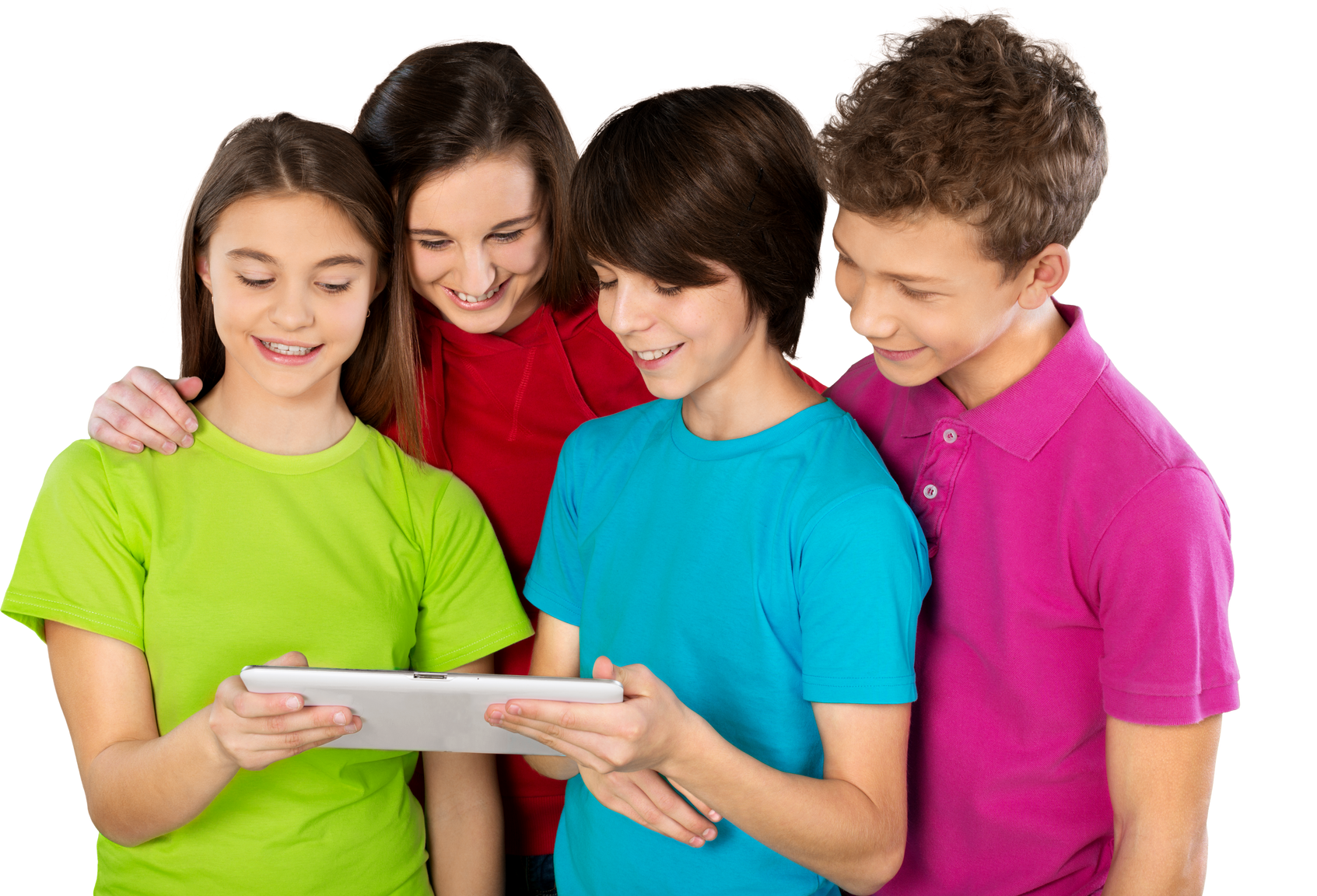Smiling Teenagers Using Tablet